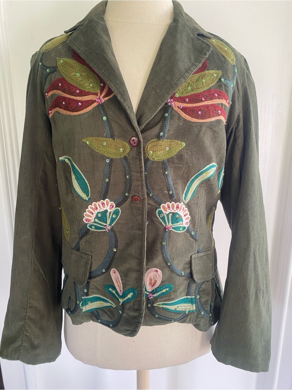 Pura Vida Olive Green Embroidered Floral Corduroy Blazer